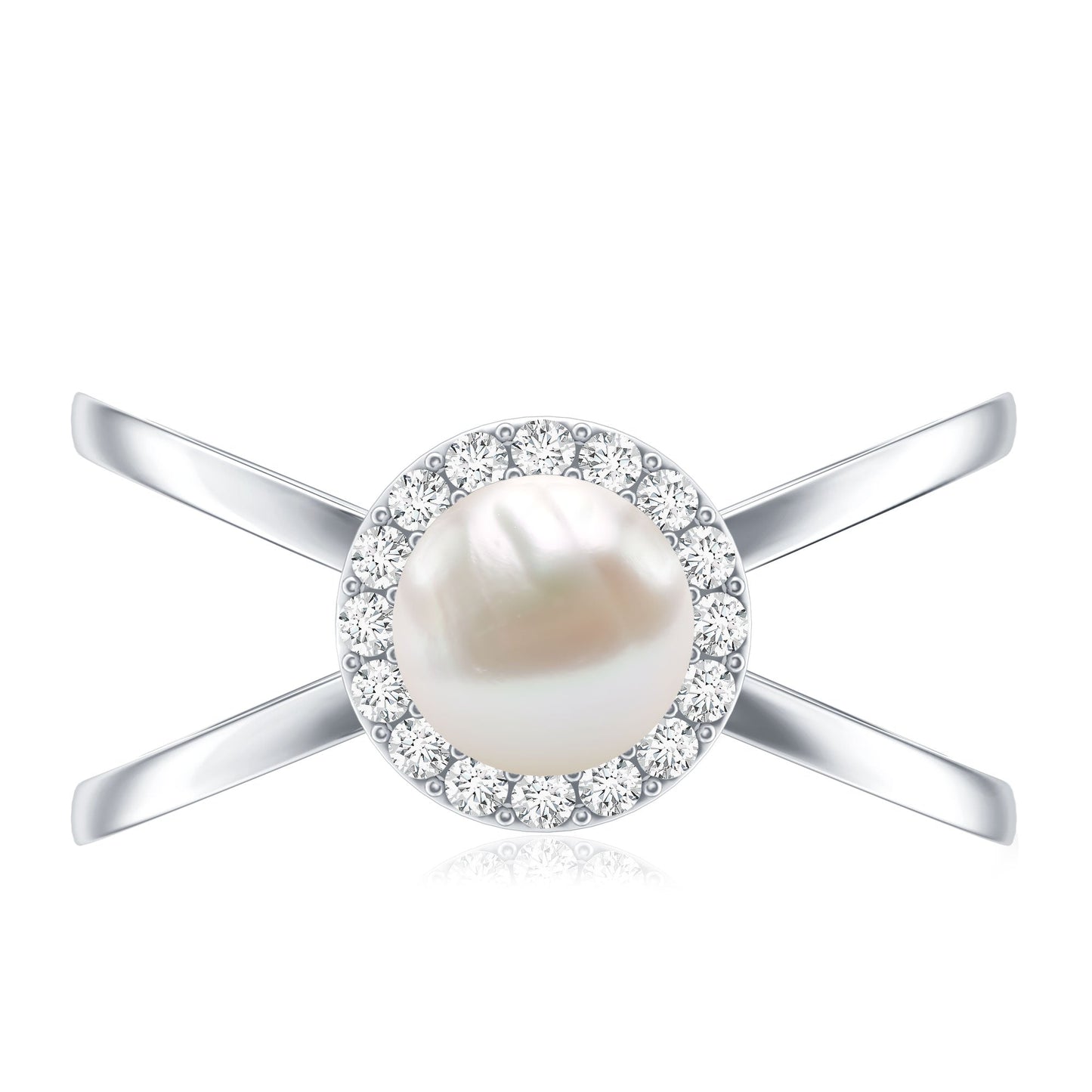 Anillo de compromiso con halo de diamantes y perla cultivada de agua dulce de 2 quilates auténticos con vástago entrecruzado