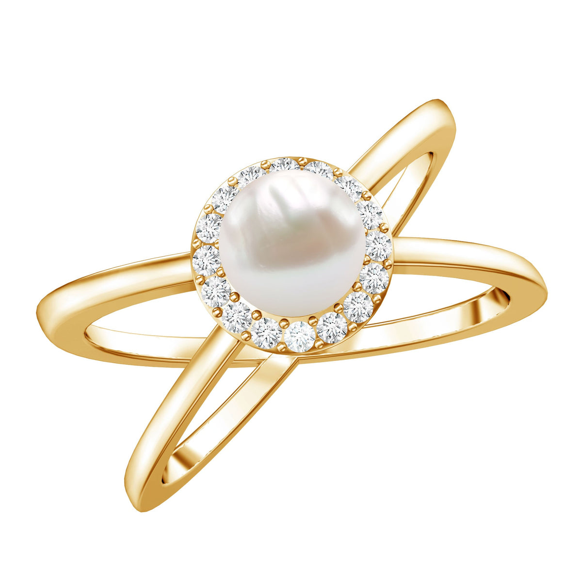 Anillo de compromiso con halo de diamantes y perla cultivada de agua dulce de 2 quilates auténticos con vástago entrecruzado