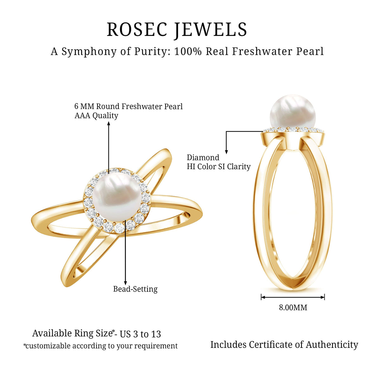 Anillo de compromiso con halo de diamantes y perla cultivada de agua dulce de 2 quilates auténticos con vástago entrecruzado
