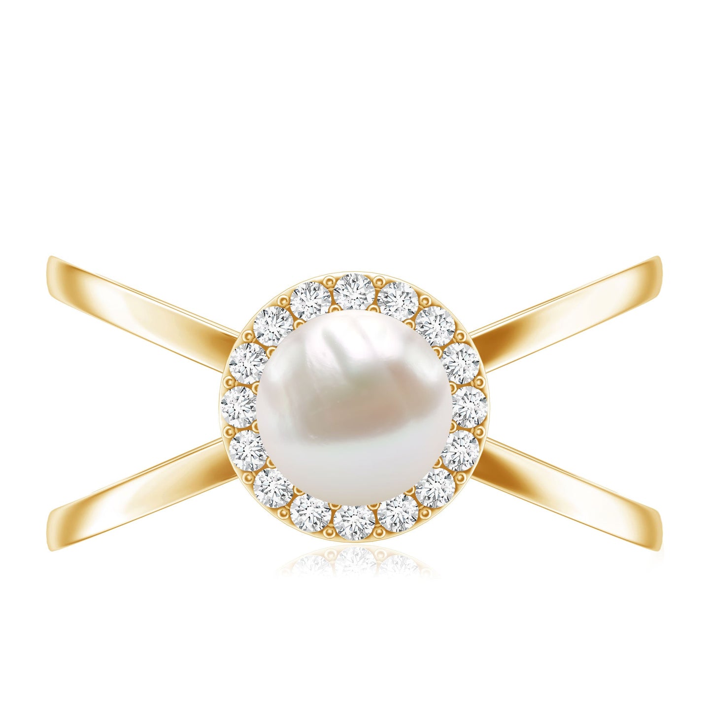 Anillo de compromiso con halo de diamantes y perla cultivada de agua dulce de 2 quilates auténticos con vástago entrecruzado