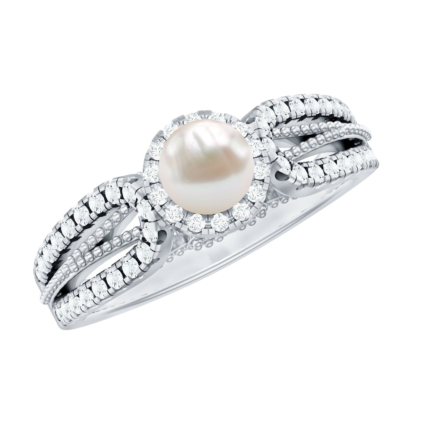 Anillo de compromiso de perlas cultivadas de agua dulce de 2 quilates y diamantes con detalle de cuentas