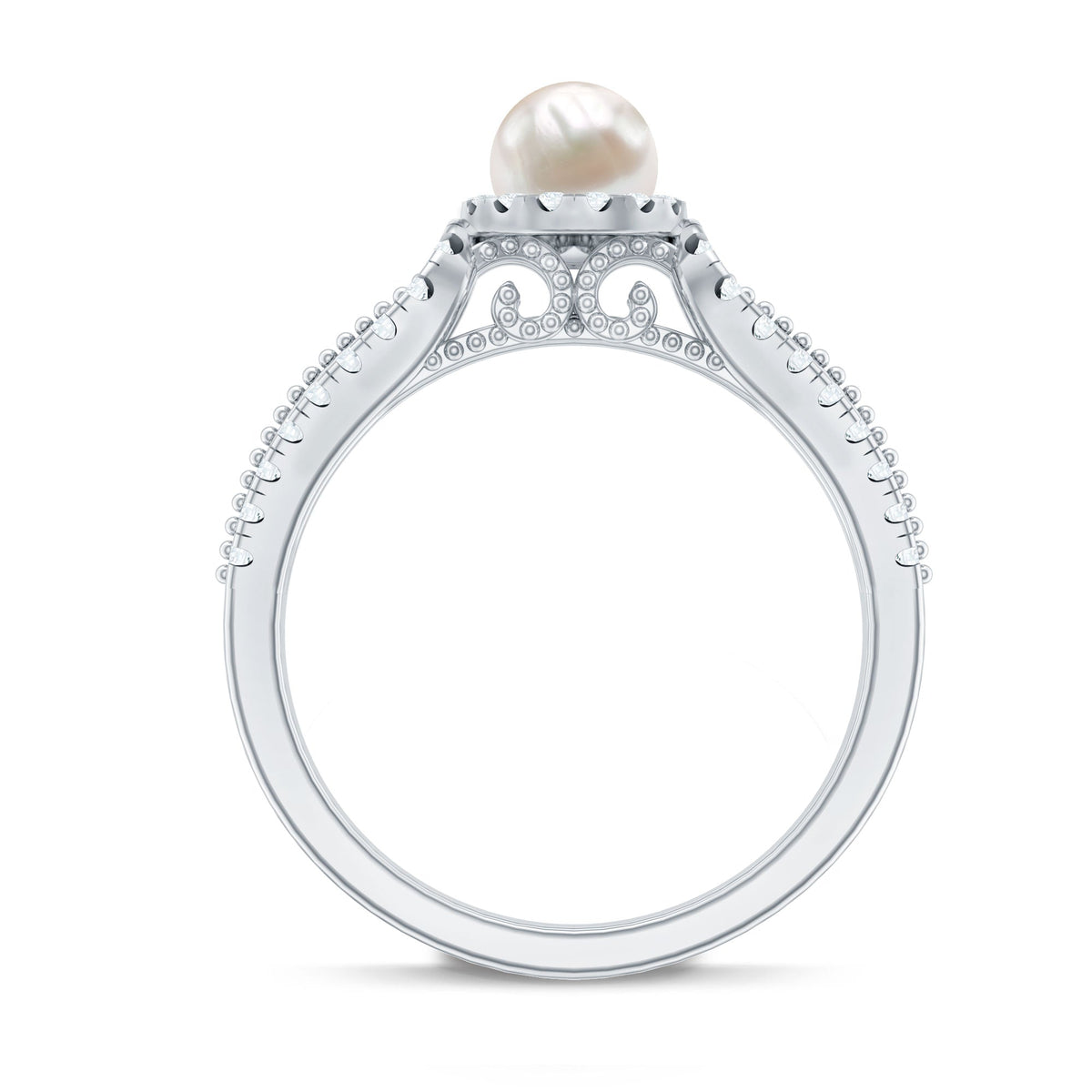 Anillo de compromiso de perlas cultivadas de agua dulce de 2 quilates y diamantes con detalle de cuentas
