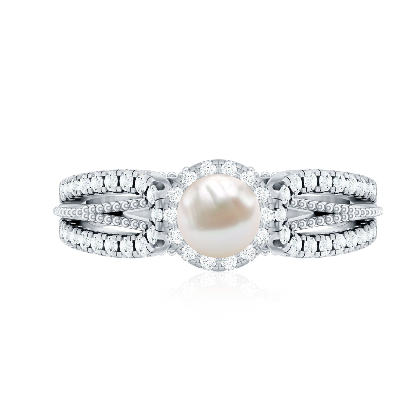 Anillo de compromiso de perlas cultivadas de agua dulce de 2 quilates y diamantes con detalle de cuentas