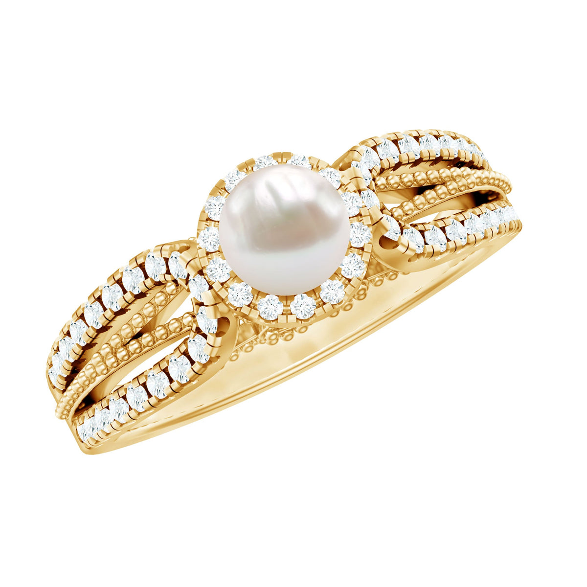 Anillo de compromiso de perlas cultivadas de agua dulce de 2 quilates y diamantes con detalle de cuentas