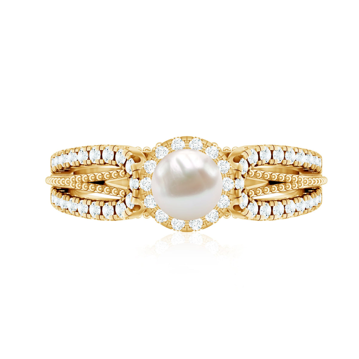 Anillo de compromiso de perlas cultivadas de agua dulce de 2 quilates y diamantes con detalle de cuentas