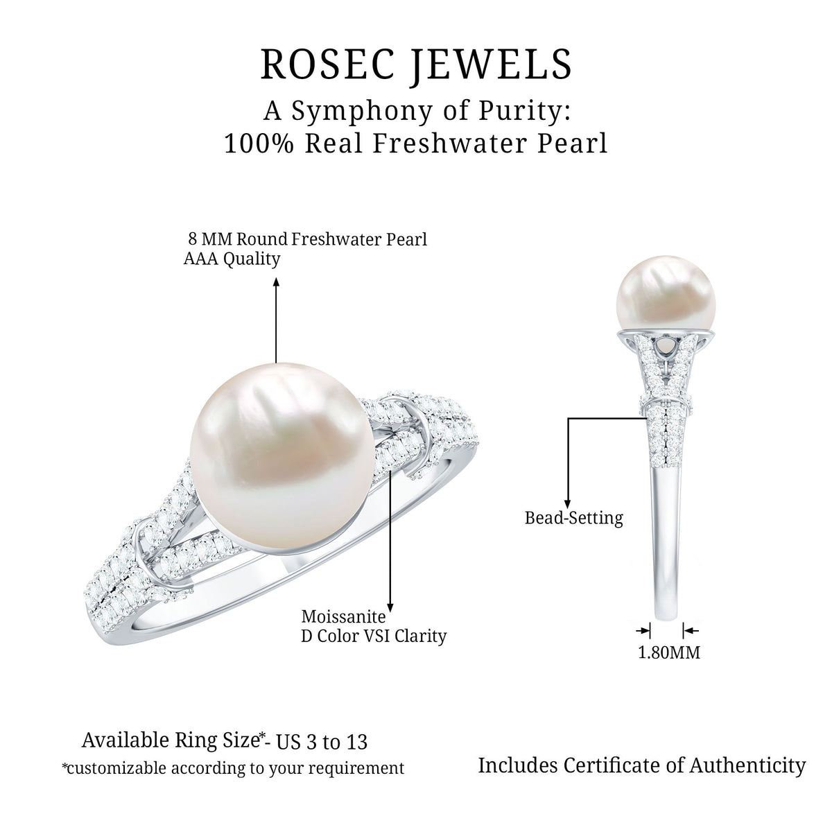 Cultured 7.4 Carat Freshwater Pearl Engagement Ring with Lab Diamonds