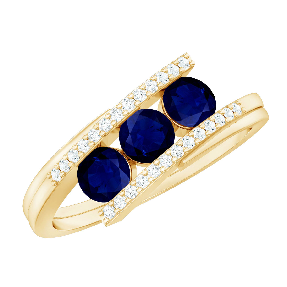 Real Blue Sapphire 3 Stone Promise Ring with Diamond Bypass Shank