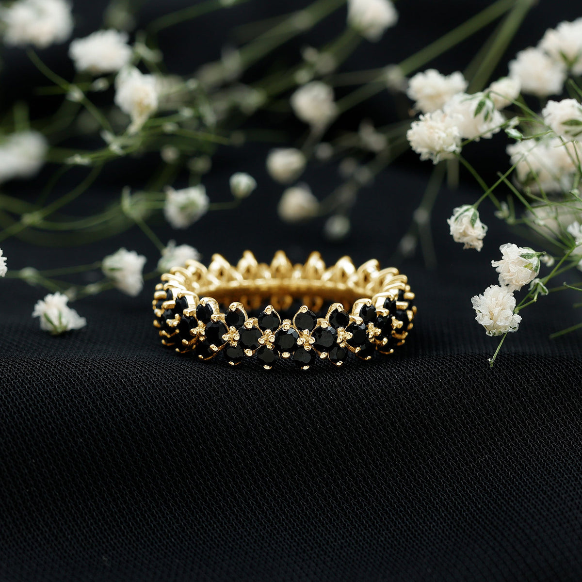 Anillo de Boda de Onyx Negro con Corte Redondo para Mujer