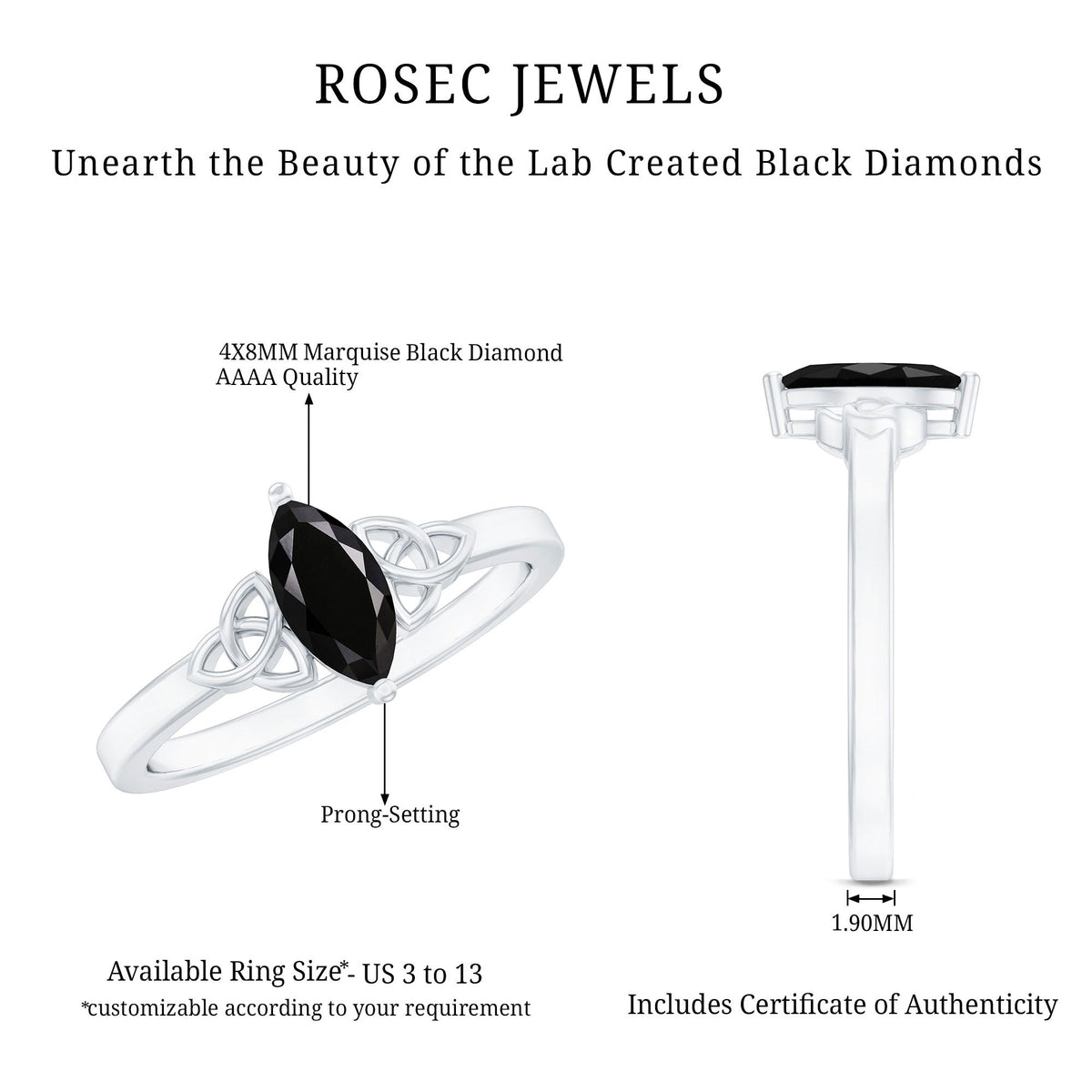 Anillo de promesa de diamante negro de laboratorio de 0,8 quilates con forma de marquesa y nudo celta, certificado