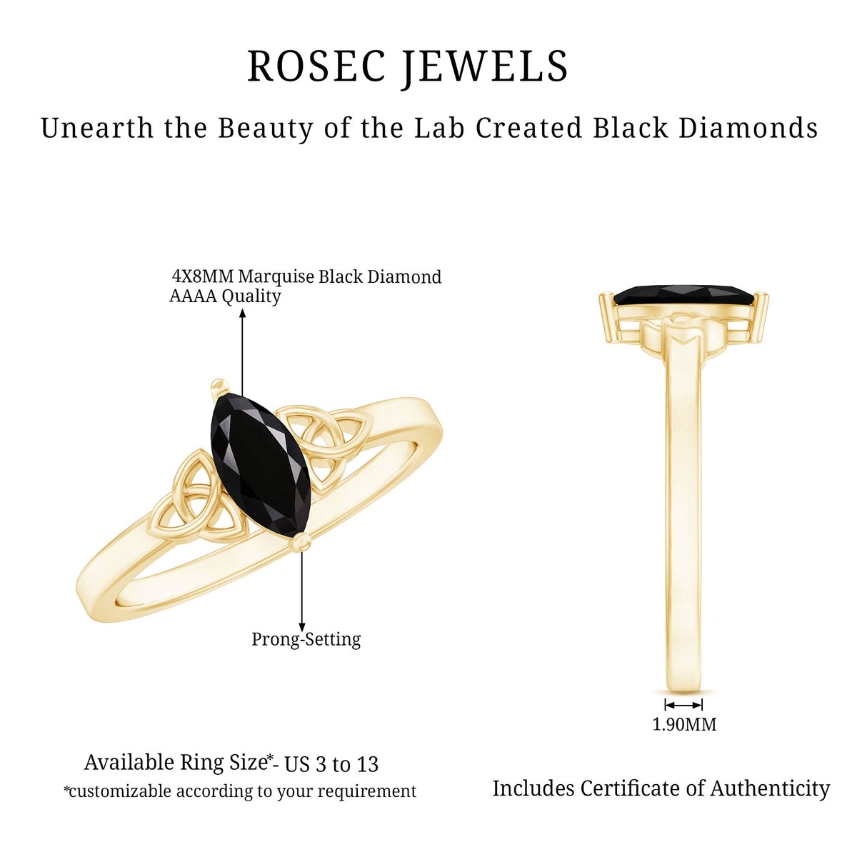 Anillo de promesa de diamante negro de laboratorio de 0,8 quilates con forma de marquesa y nudo celta, certificado