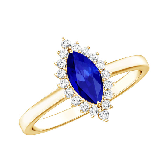 Anillo de compromiso con halo de diamantes y zafiro azul cultivado en laboratorio de talla marquesa