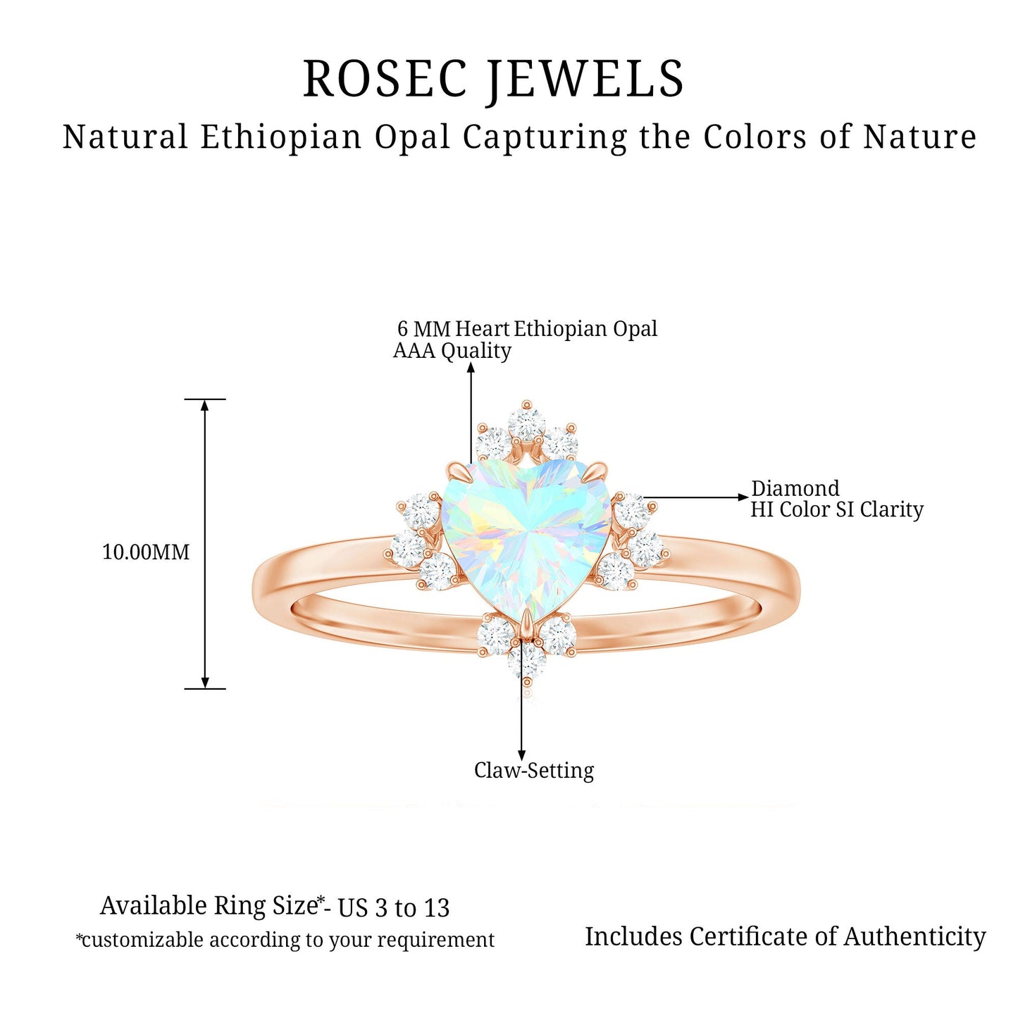 Anillo de compromiso de corazón de ópalo natural de 0,75 quilates con diamante