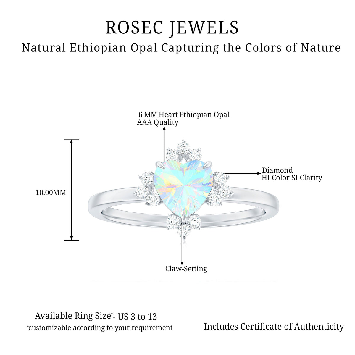 Anillo de compromiso de corazón de ópalo natural de 0,75 quilates con diamante