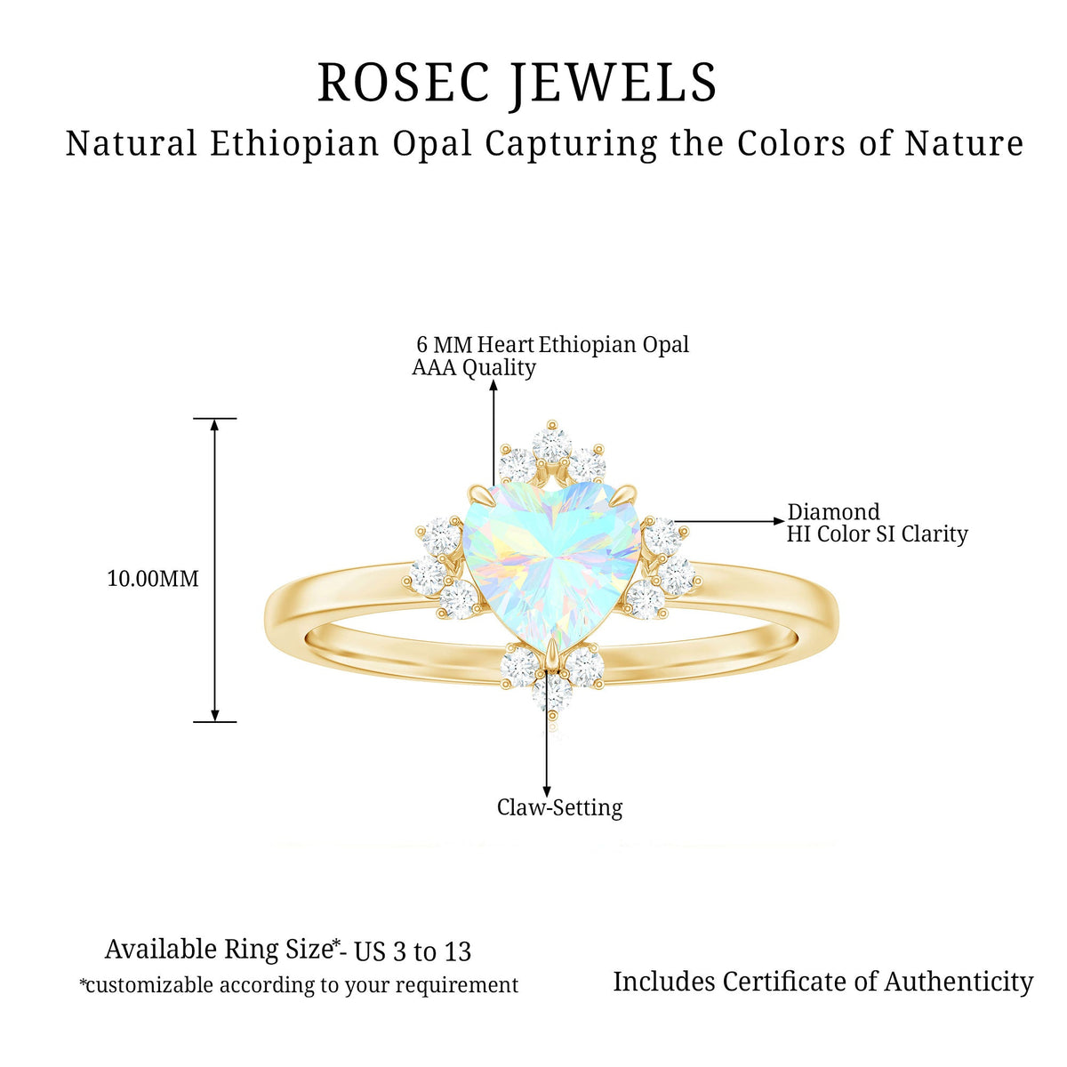 Anillo de compromiso de corazón de ópalo natural de 0,75 quilates con diamante