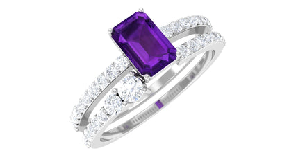 Conjunto de anillo de boda para novia de amatista de talla esmeralda de 1.4 quilates natural con diamante