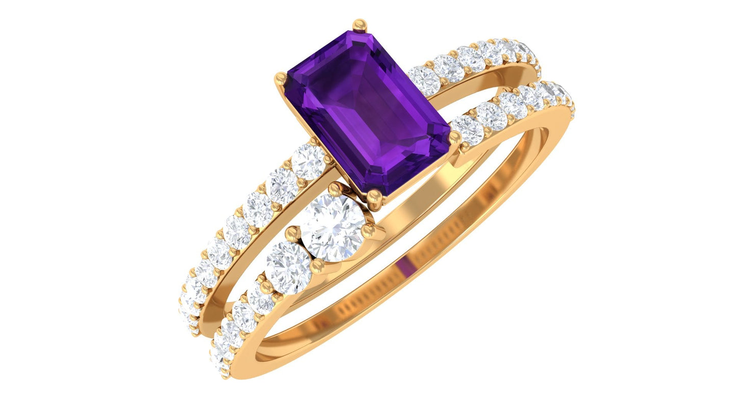 Conjunto de anillo de boda para novia de amatista de talla esmeralda de 1.4 quilates natural con diamante