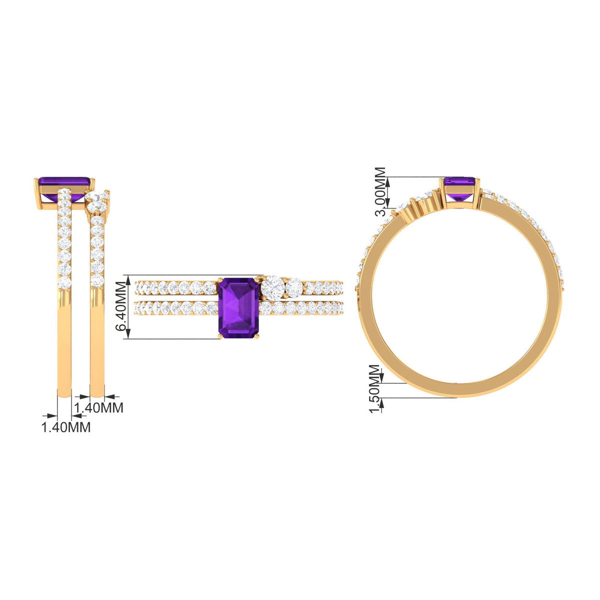 Conjunto de anillo de boda para novia de amatista de talla esmeralda de 1.4 quilates natural con diamante
