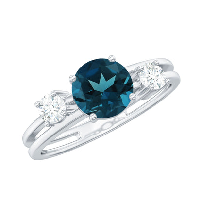 1.3 Carat Round London Blue Topaz Double Band Engagement Ring with Diamond