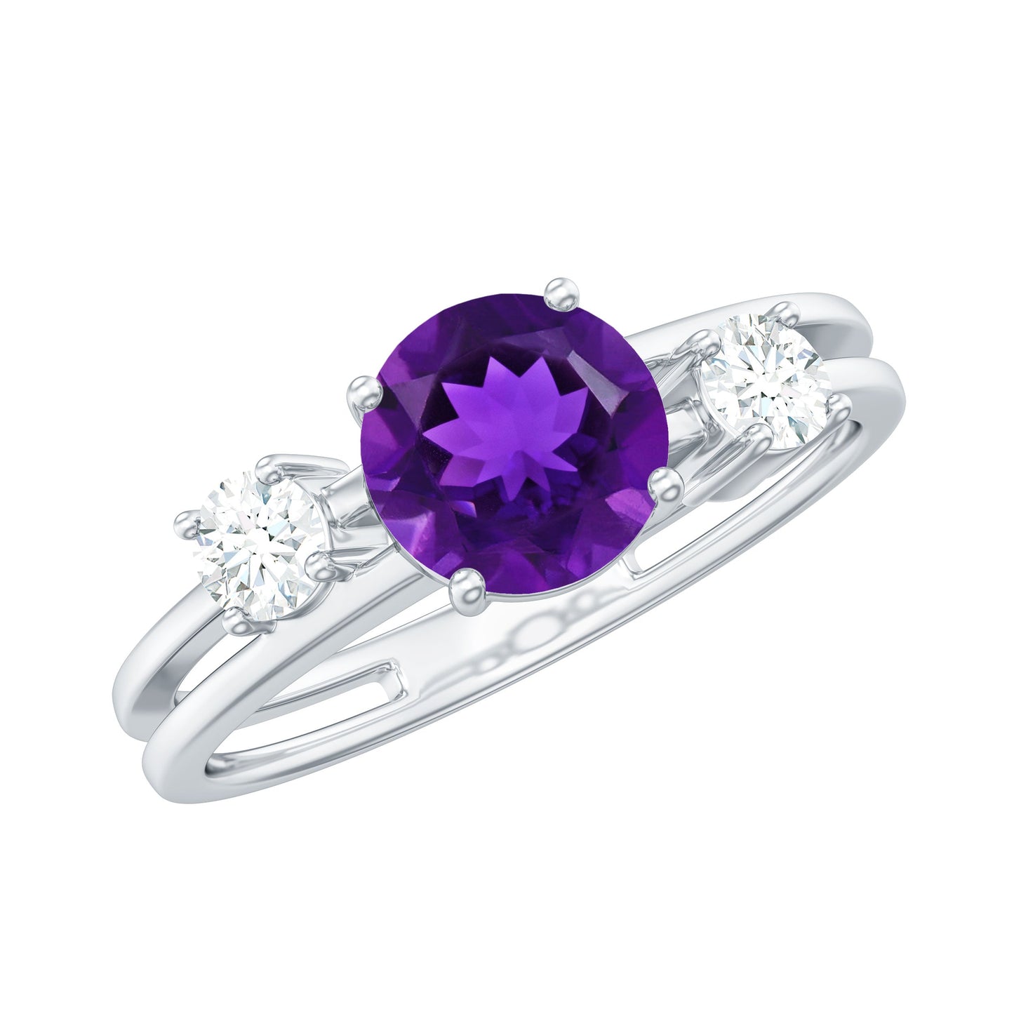 Anillo de compromiso de amatista natural de 1,2 quilates con doble banda y diamante