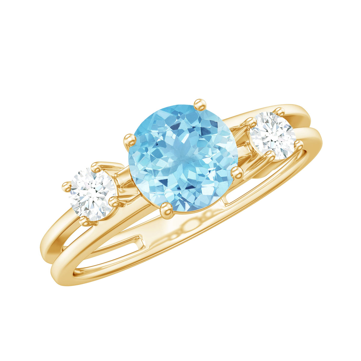 0.8 Carat Aquamarine and Diamond 3 Stone Engagement Ring with Double Band Shank