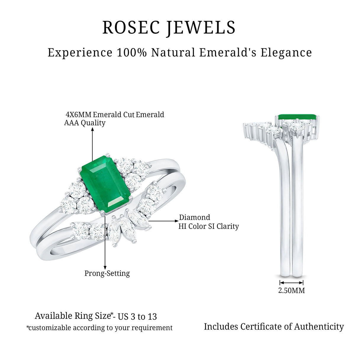 Certified Real Emerald Diamond Emerald Cut Engagement Ring and Wedding Band