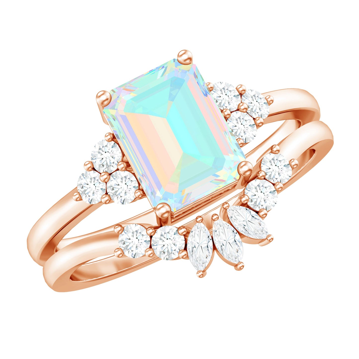 Anillo de compromiso certificado de ópalo etíope auténtico y diamante talla esmeralda con realzador