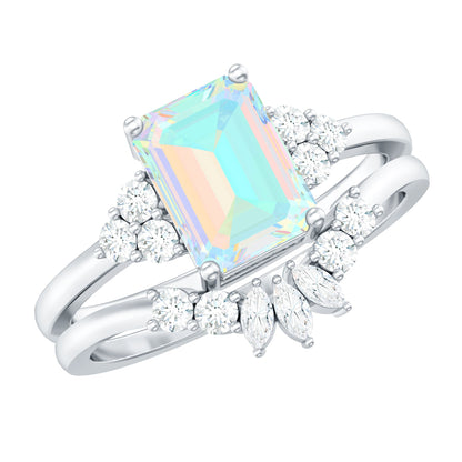 Anillo de compromiso certificado de ópalo etíope auténtico y diamante talla esmeralda con realzador