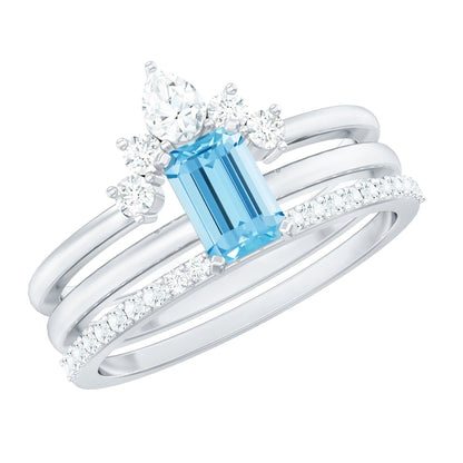 Anillo de Solitario de Aguamarina de Corte Esmeralda de 0,6 Quilates, Juego de 3 con Diamante