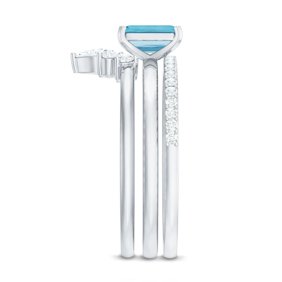 Anillo de Solitario de Aguamarina de Corte Esmeralda de 0,6 Quilates, Juego de 3 con Diamante