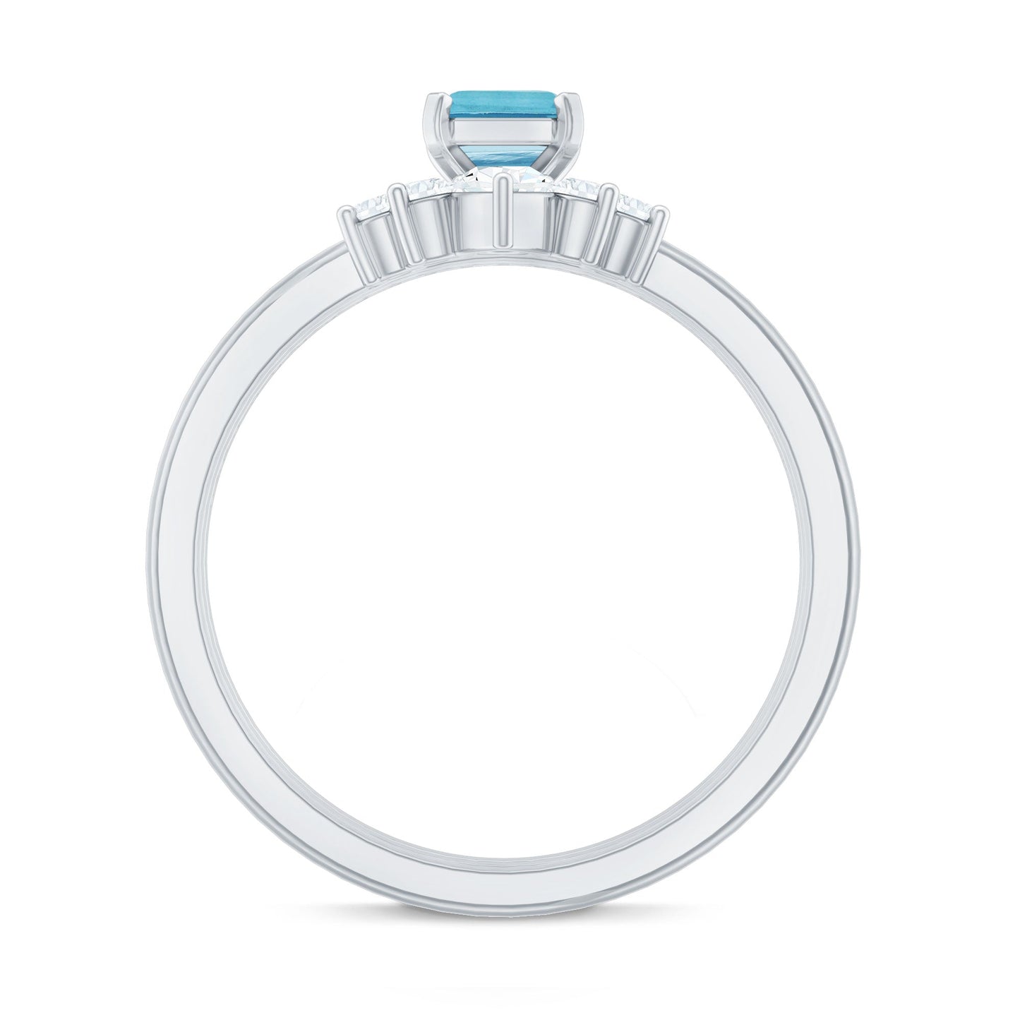 Anillo de Solitario de Aguamarina de Corte Esmeralda de 0,6 Quilates, Juego de 3 con Diamante