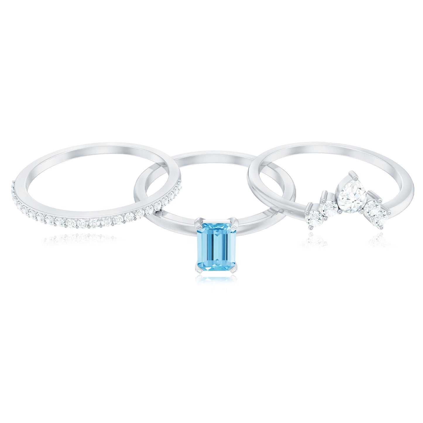 Anillo de Solitario de Aguamarina de Corte Esmeralda de 0,6 Quilates, Juego de 3 con Diamante
