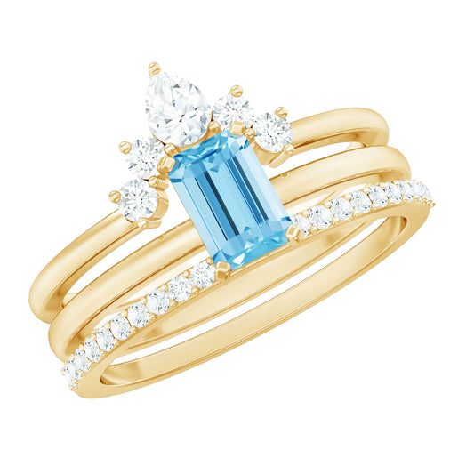 Anillo de Solitario de Aguamarina de Corte Esmeralda de 0,6 Quilates, Juego de 3 con Diamante
