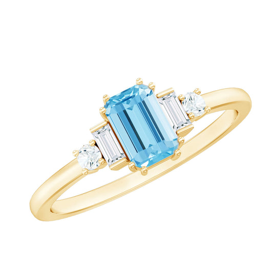 Anillo de compromiso de aguamarina de talla esmeralda de 0,6 quilates real con diamante