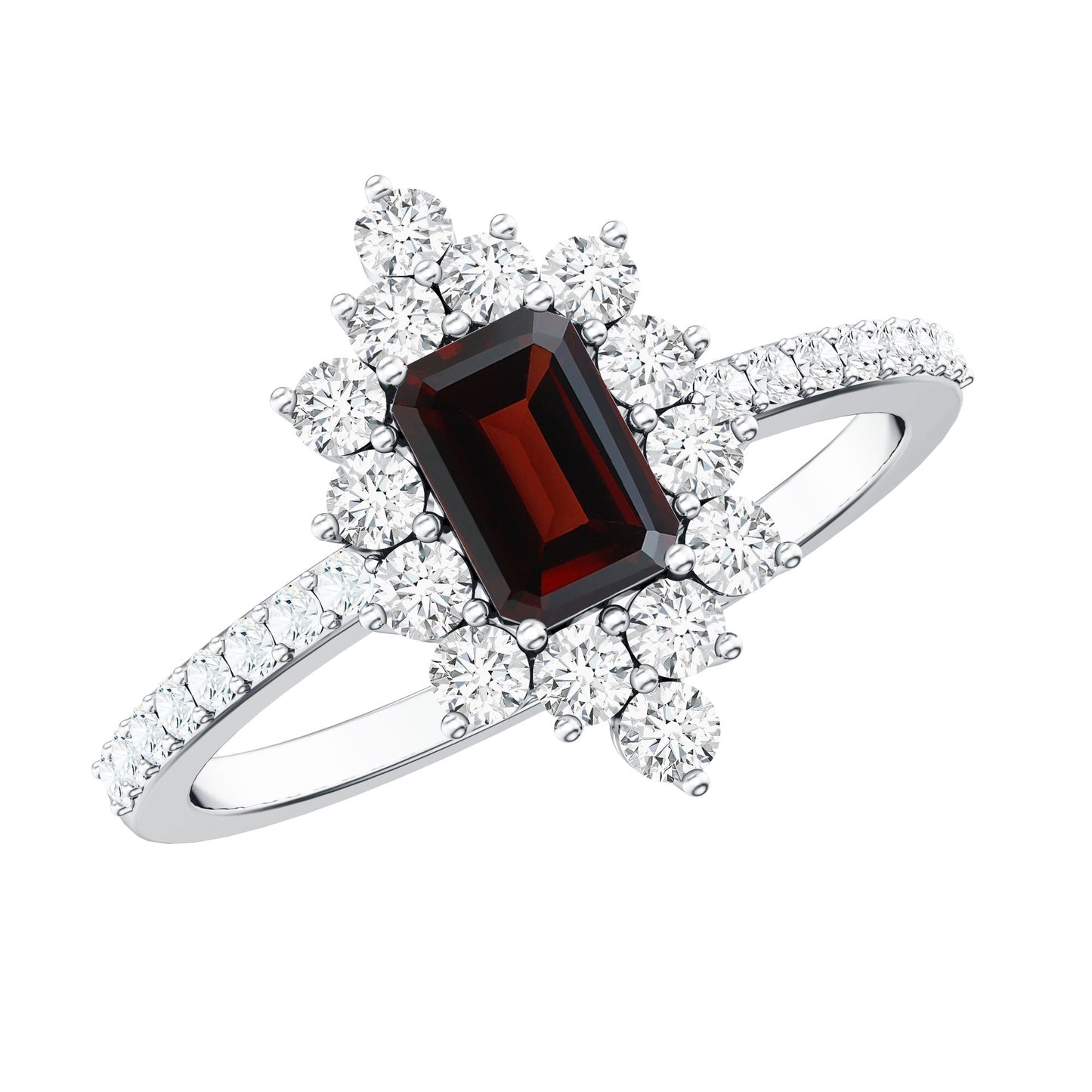 Anillo de compromiso de granate corte esmeralda de inspiración vintage con halo de diamantes