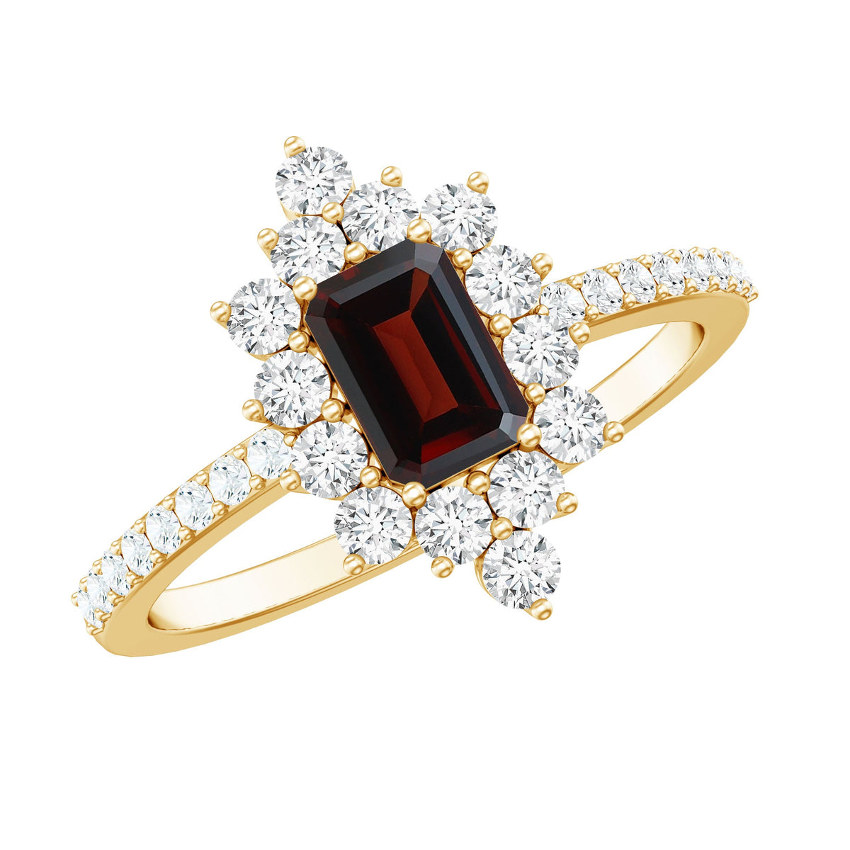Anillo de compromiso de granate corte esmeralda de inspiración vintage con halo de diamantes