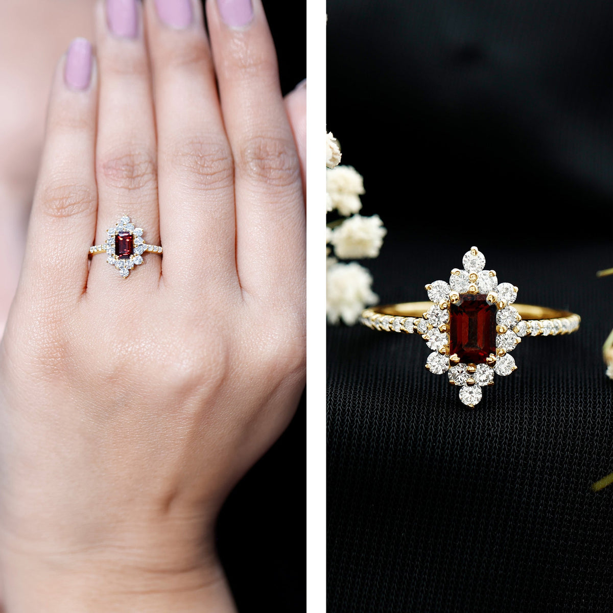 Anillo de compromiso de granate corte esmeralda de inspiración vintage con halo de diamantes