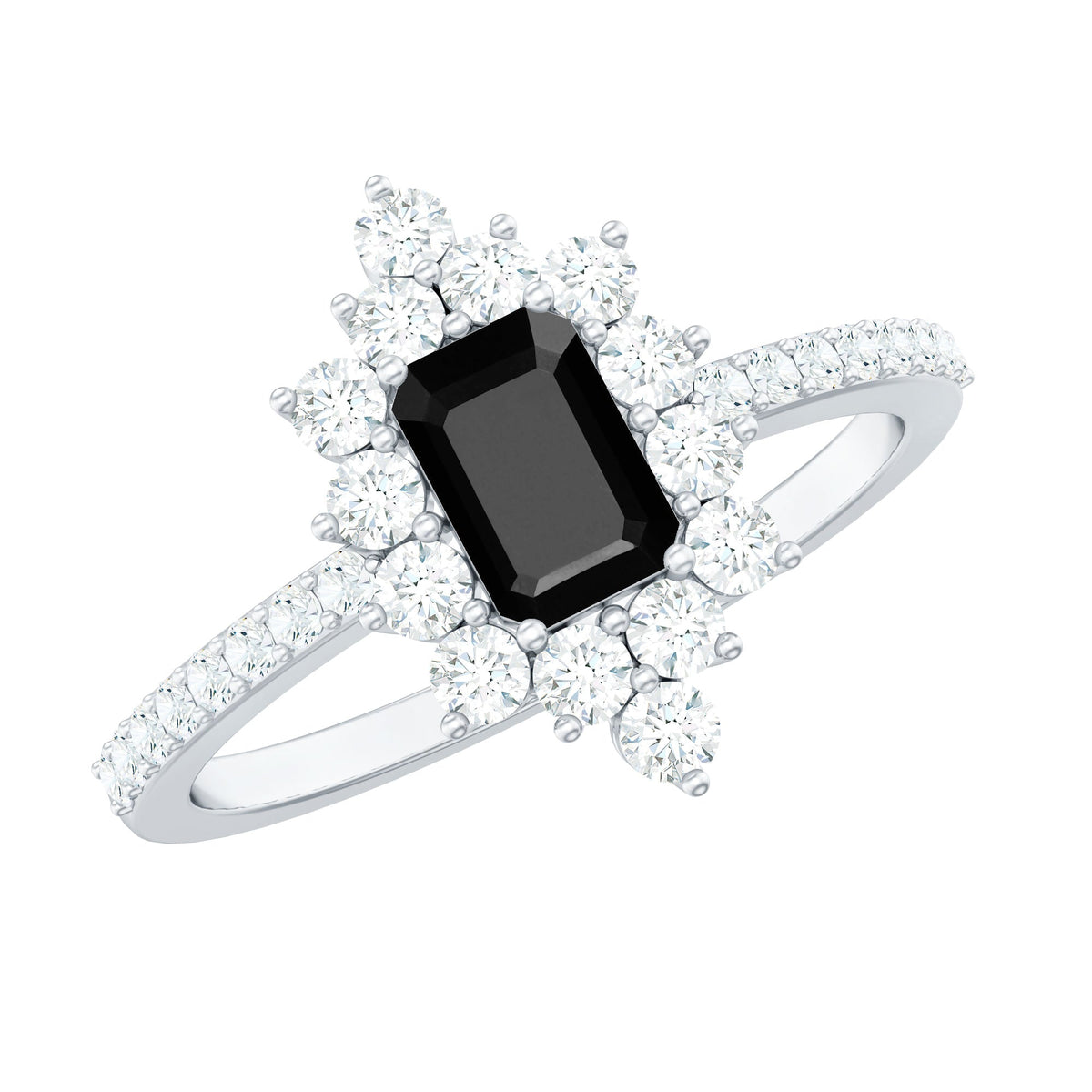 Anillo de compromiso de ónix negro de inspiración vintage con halo de diamantes