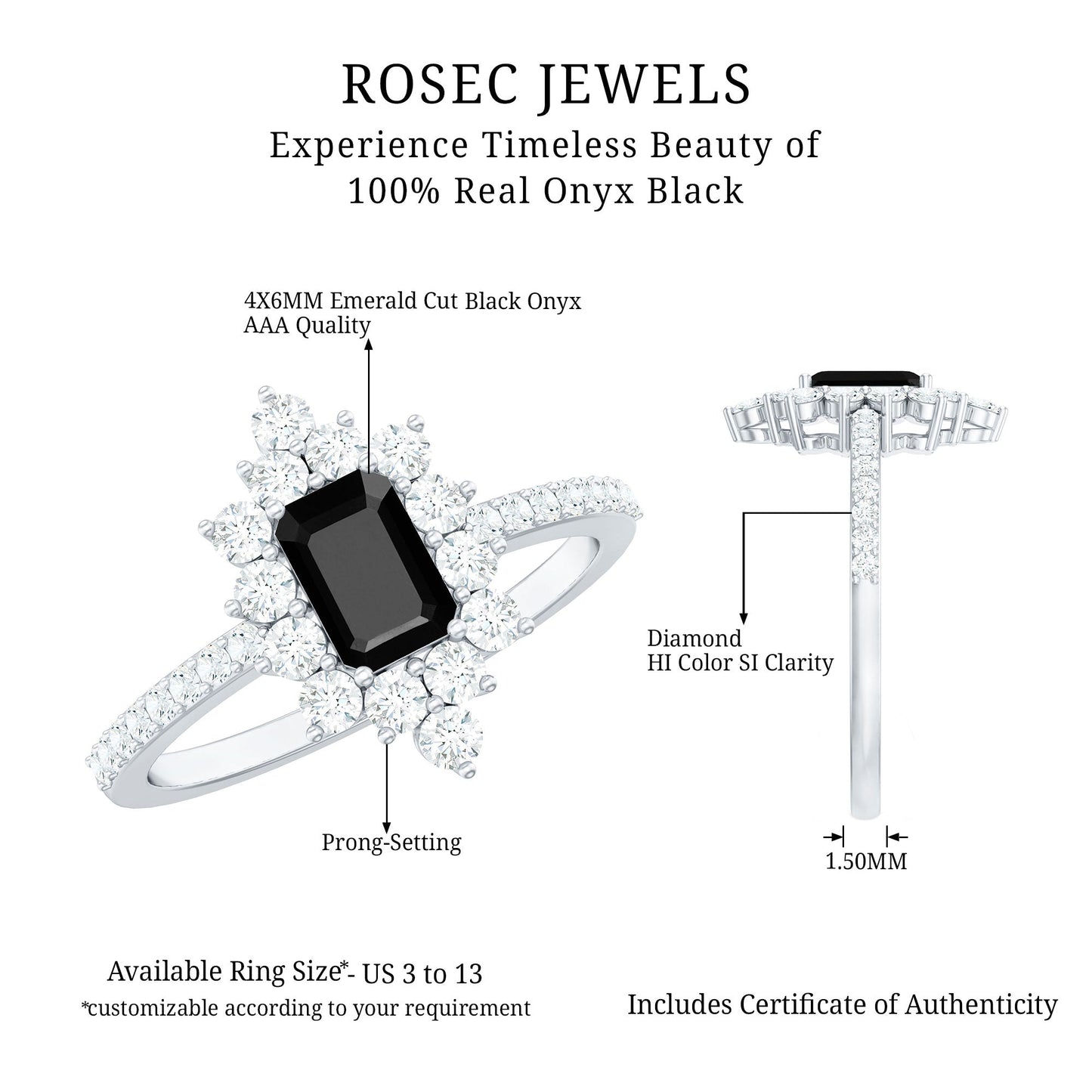 Anillo de compromiso de ónix negro de inspiración vintage con halo de diamantes