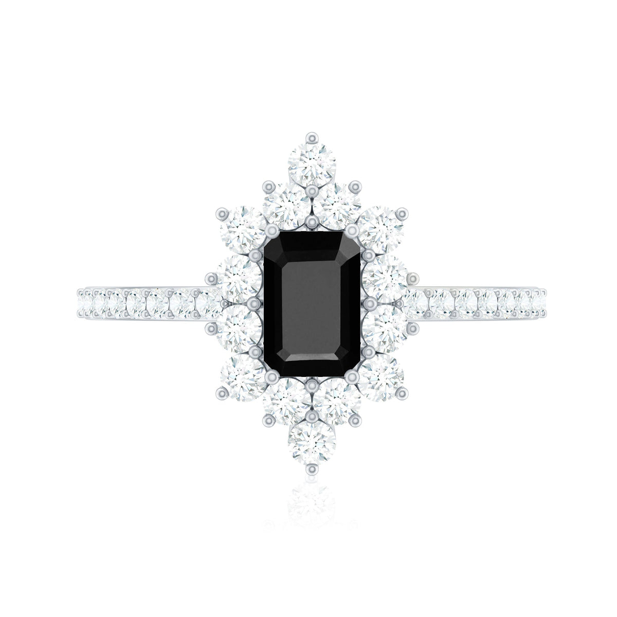 Anillo de compromiso de ónix negro de inspiración vintage con halo de diamantes