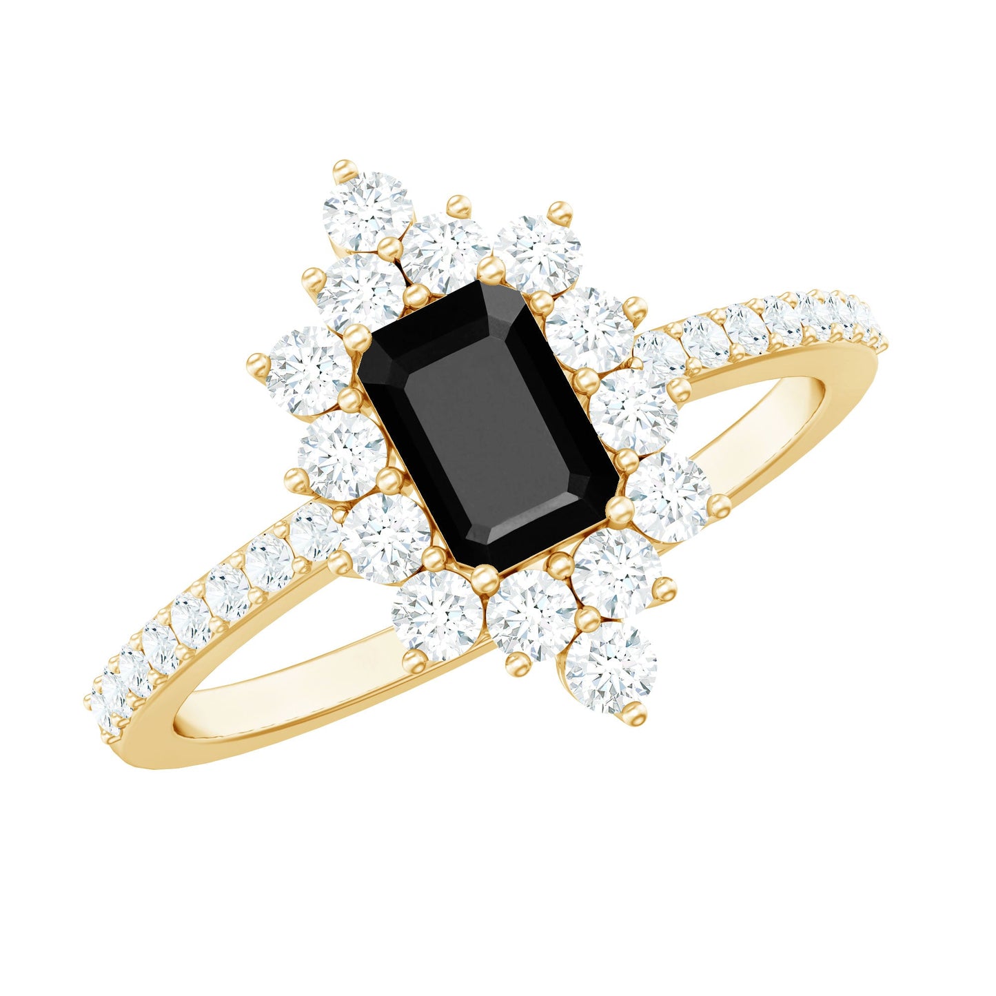 Anillo de compromiso de ónix negro de inspiración vintage con halo de diamantes