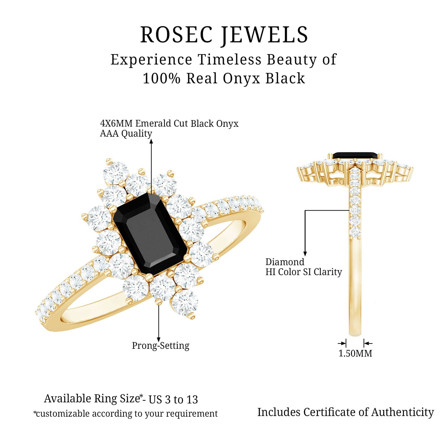 Anillo de compromiso de ónix negro de inspiración vintage con halo de diamantes