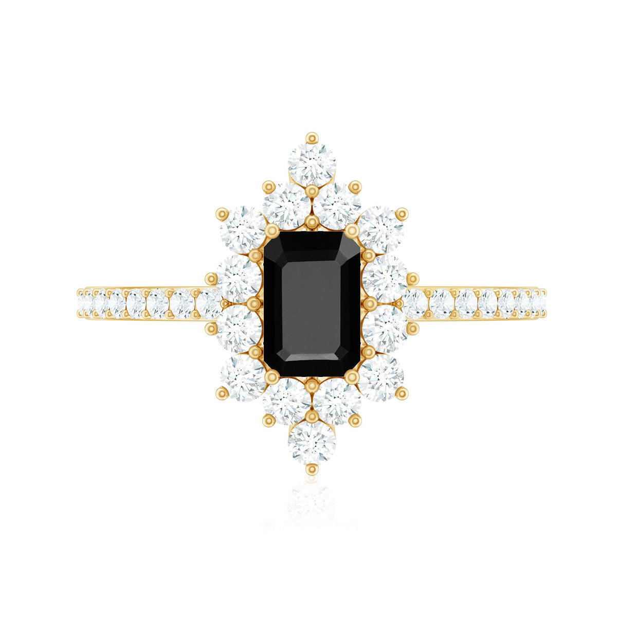 Anillo de compromiso de ónix negro de inspiración vintage con halo de diamantes