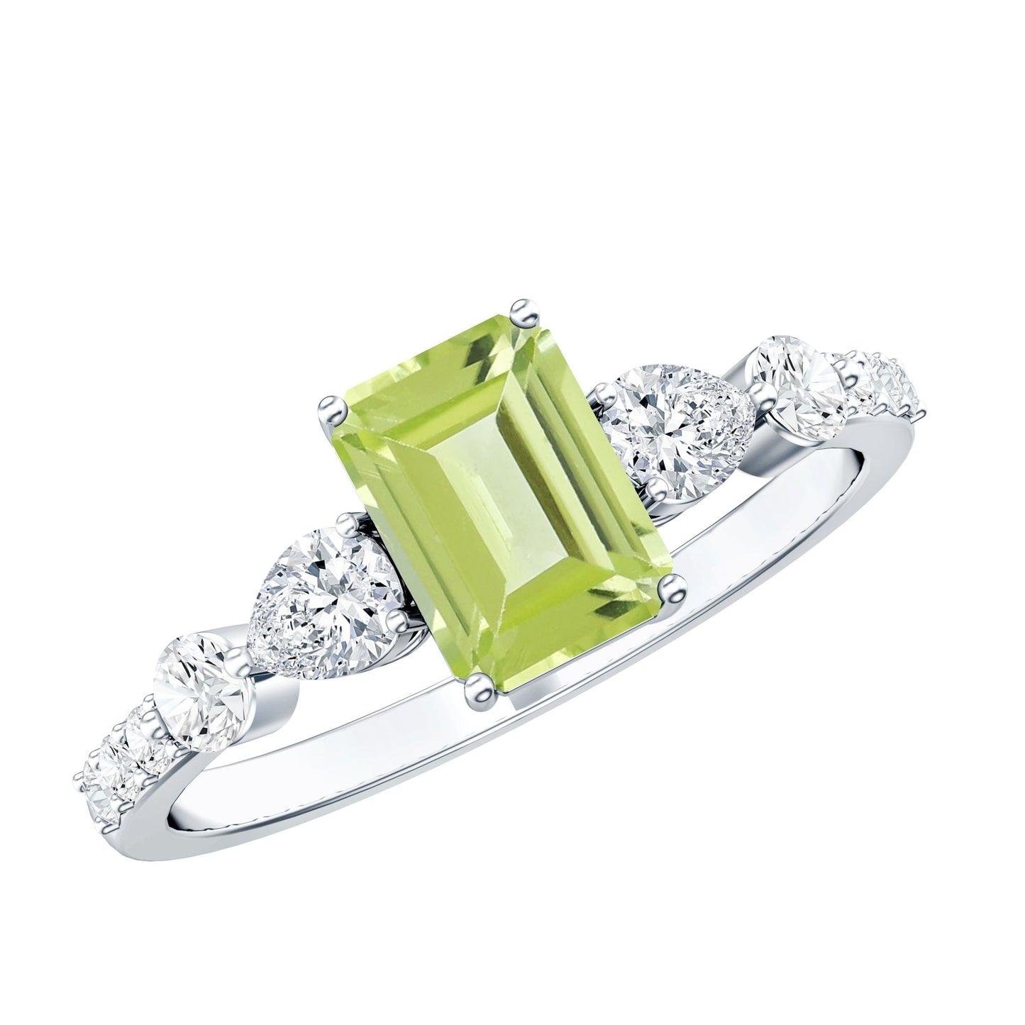 Anillo de compromiso de peridoto natural de 1,8 quilates talla esmeralda con piedras laterales