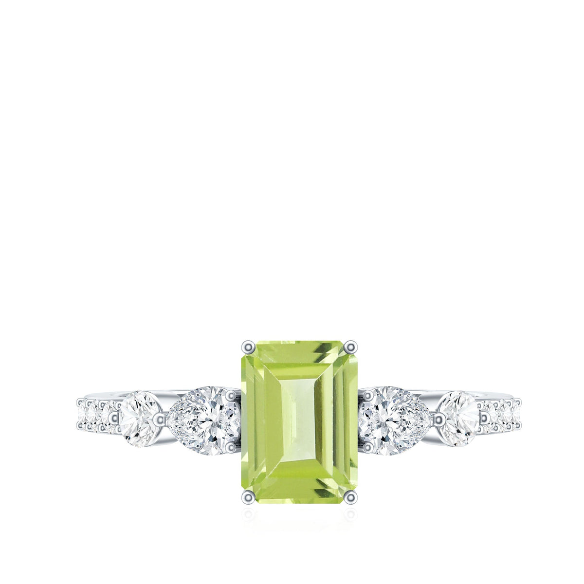 Anillo de compromiso de peridoto natural de 1,8 quilates talla esmeralda con piedras laterales