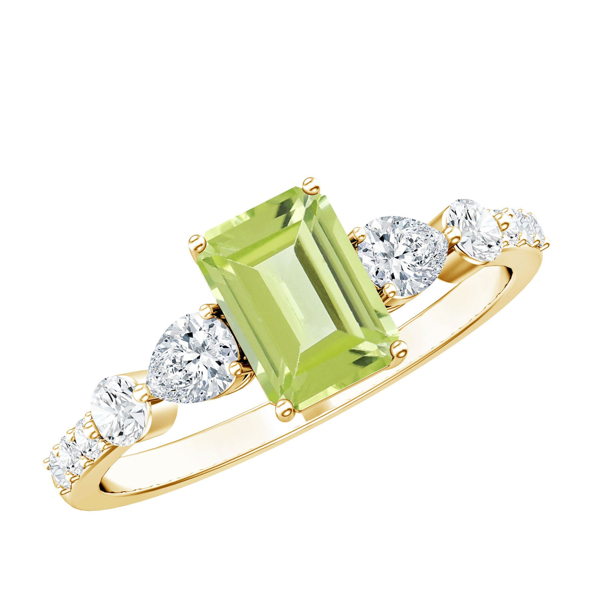 Anillo de compromiso de peridoto natural de 1,8 quilates talla esmeralda con piedras laterales