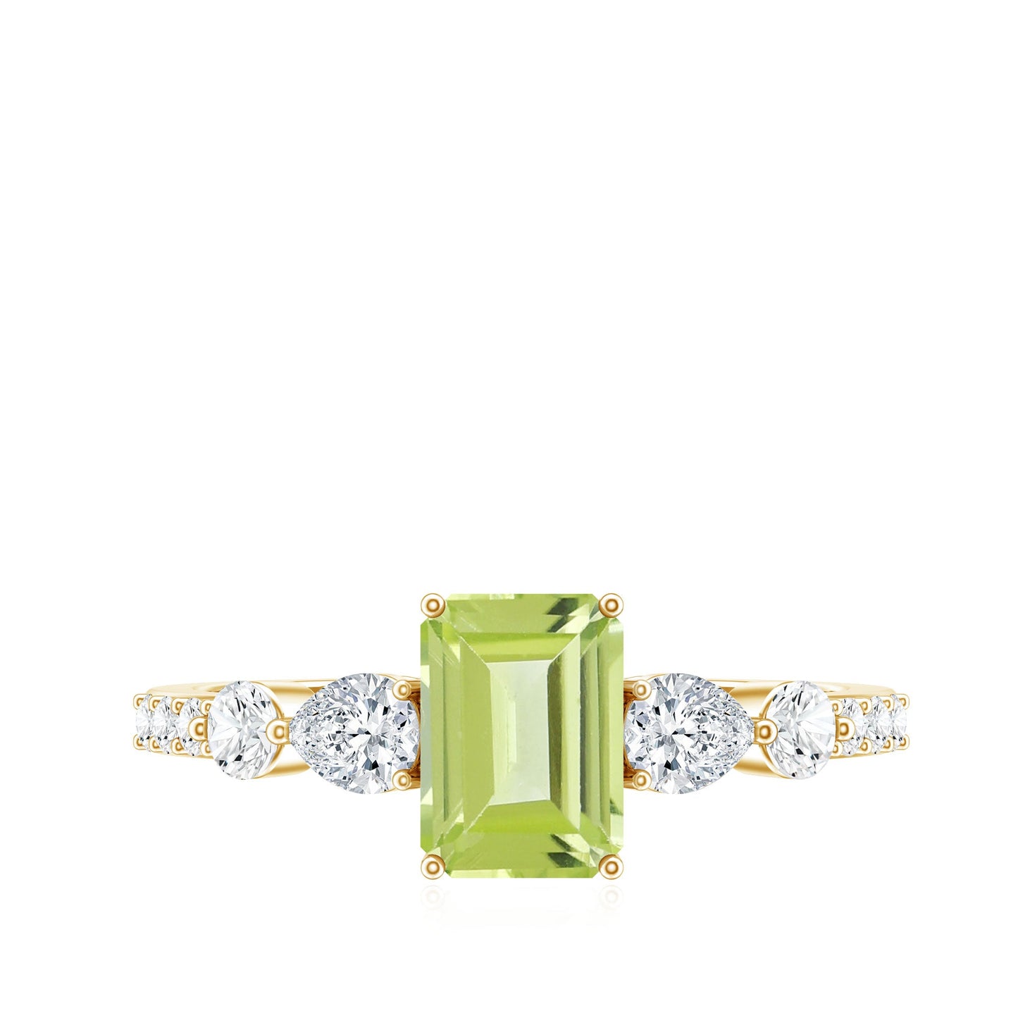Anillo de compromiso de peridoto natural de 1,8 quilates talla esmeralda con piedras laterales