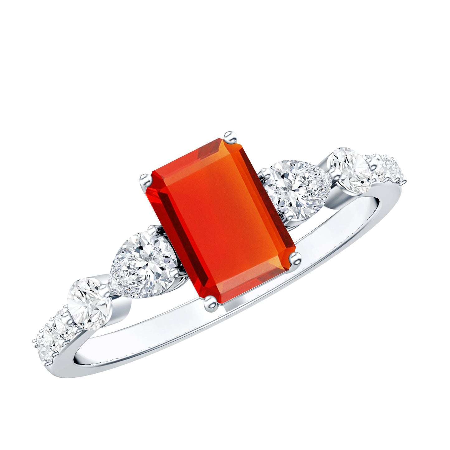 Anillo de compromiso de ópalo de fuego talla esmeralda de 1 quilate con diamantes laterales