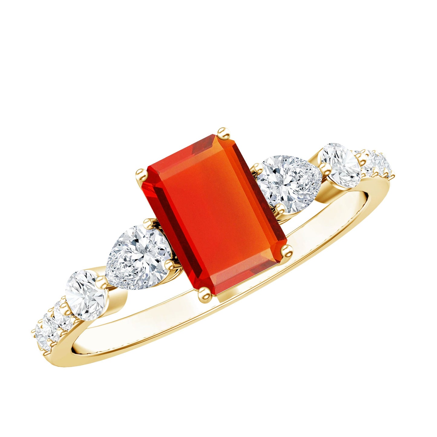 Anillo de compromiso de ópalo de fuego talla esmeralda de 1 quilate con diamantes laterales