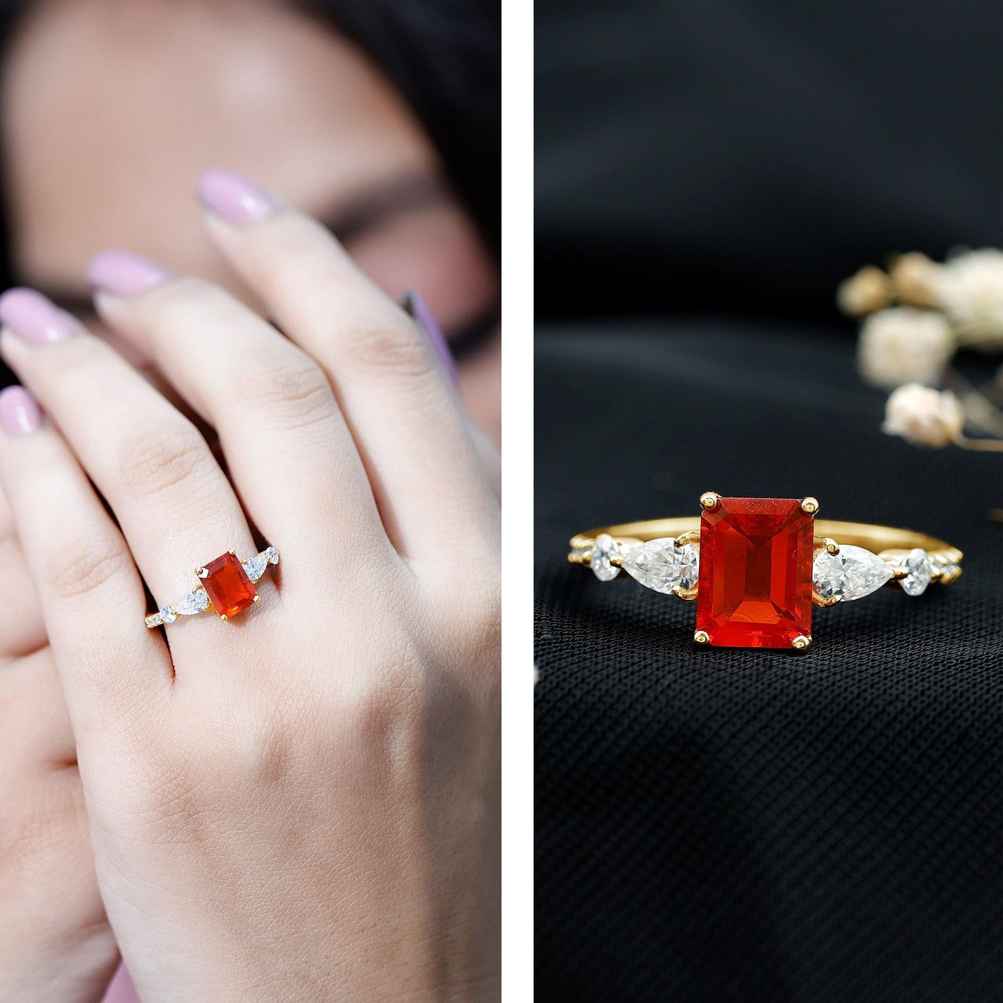 Anillo de compromiso de ópalo de fuego talla esmeralda de 1 quilate con diamantes laterales