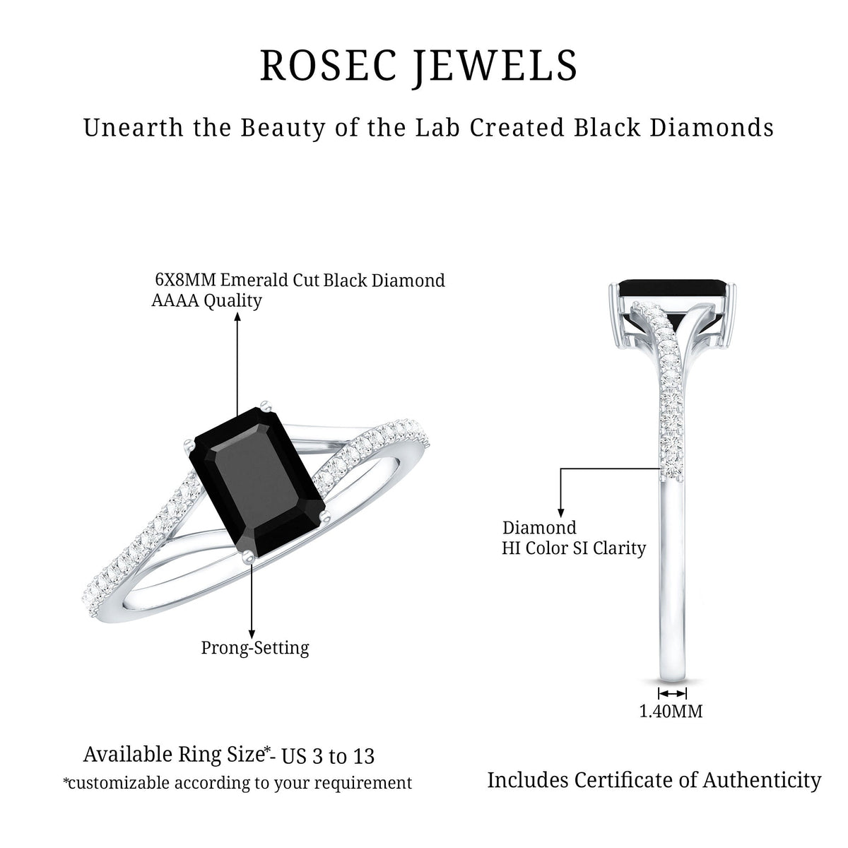 Certified 1.6 Carat Lab Grown Black Diamond Emerald Cut Engagement Ring with White Diamond Split Shank